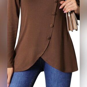 Valolia NWT Cowl Neck Asymmetrical Button Tunic Brown Long Sleeve Knit Women’s M